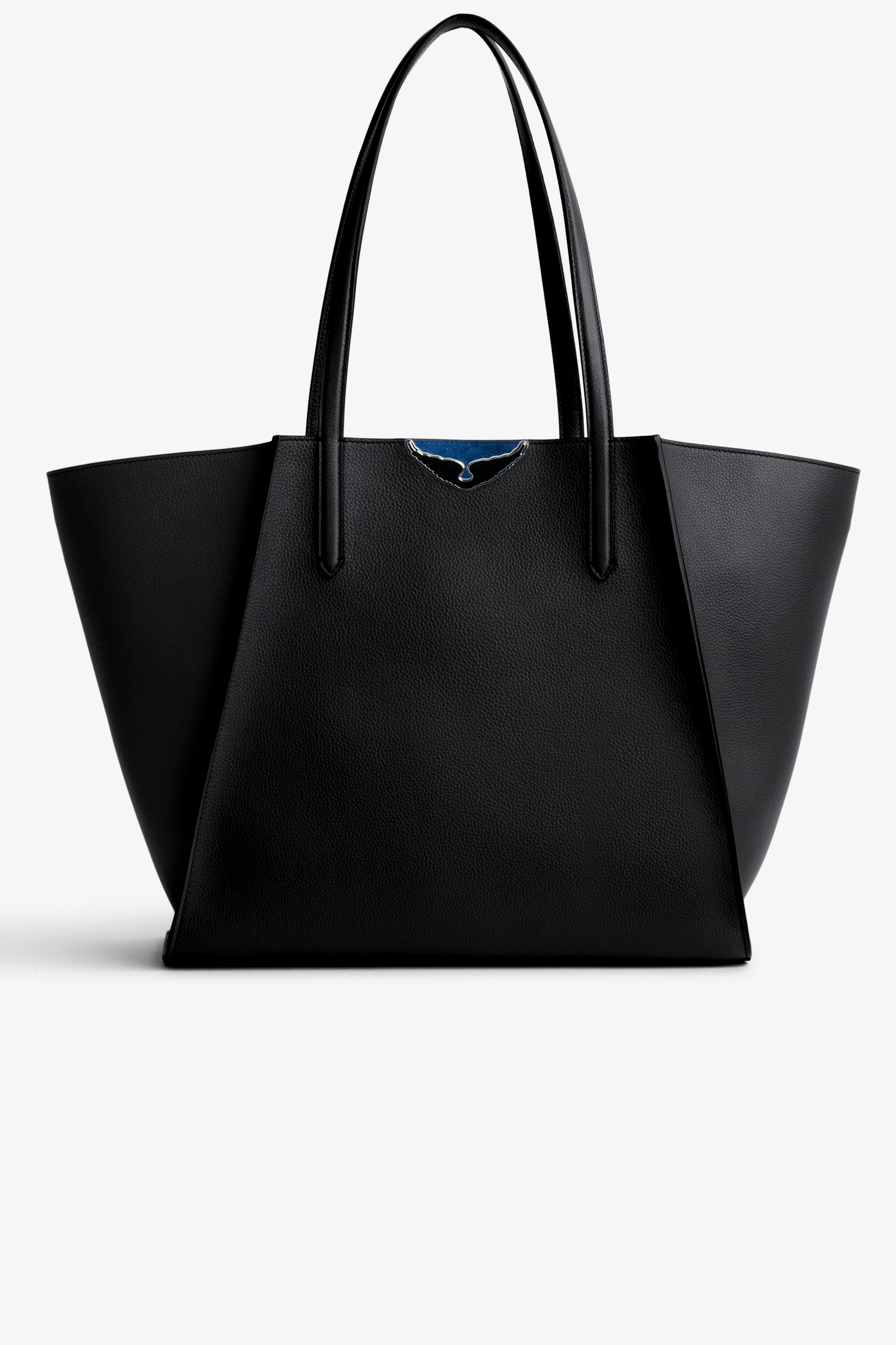 Tasche Le Borderline Damen-Shopper zum Wenden aus schwarzem, genarbtem Leder und blauem Veloursleder mit schwarz lackierten Flügeln