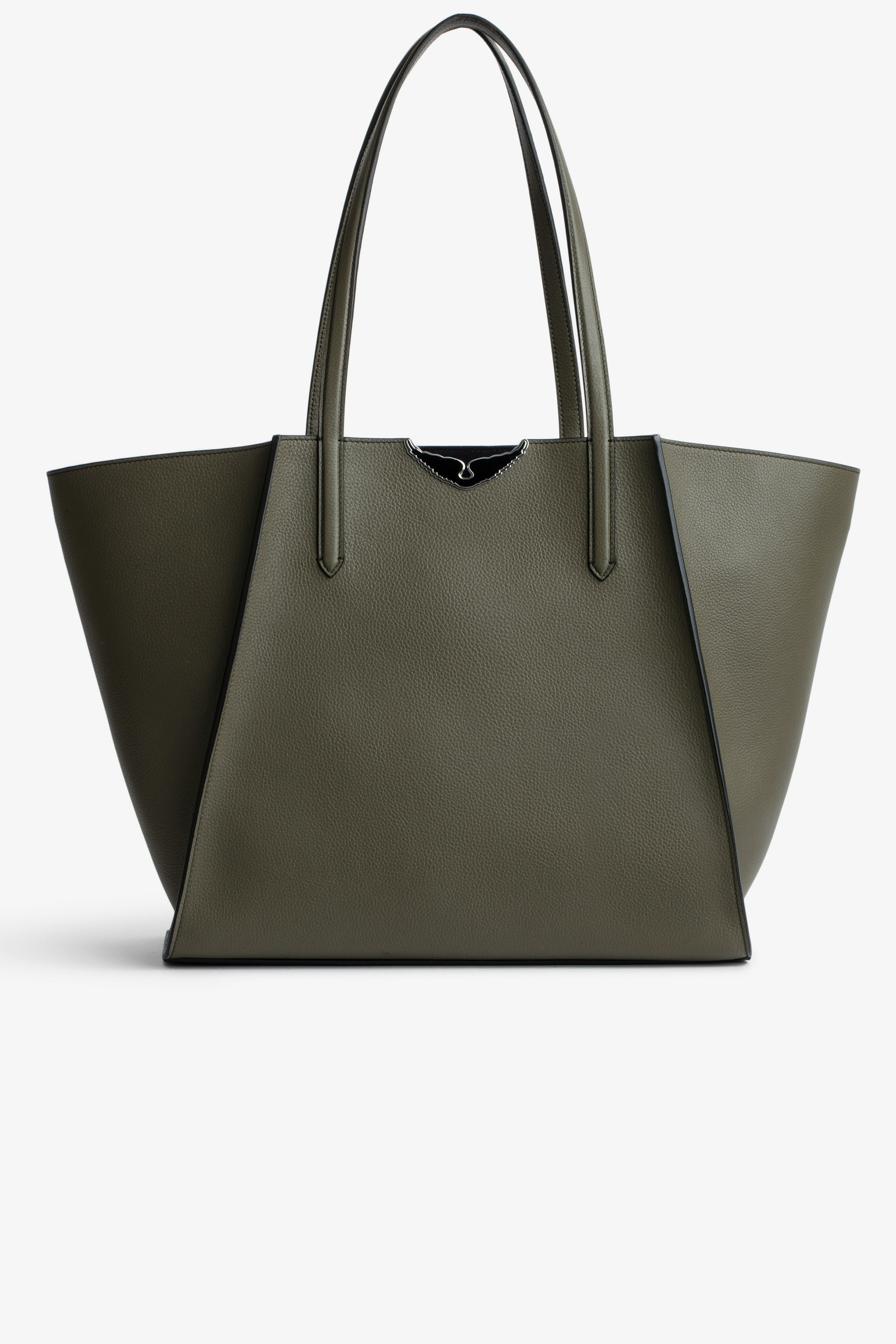 Le Borderline Bag - Women's reversible tote bag in khaki grained leather and navy-blue suede with black lacquered wings.