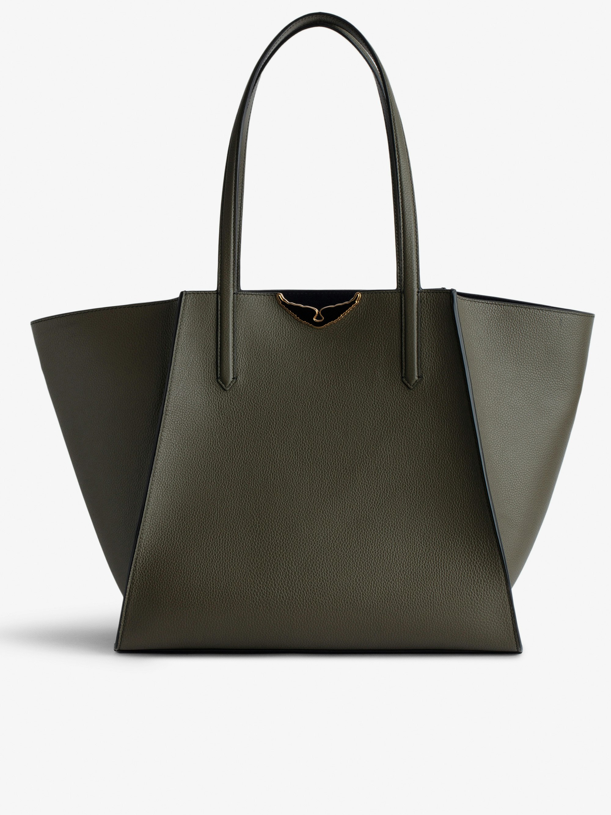 Le Borderline Bag - Women's khaki grained leather and navy blue suede tote bag with gold lacquered wings.