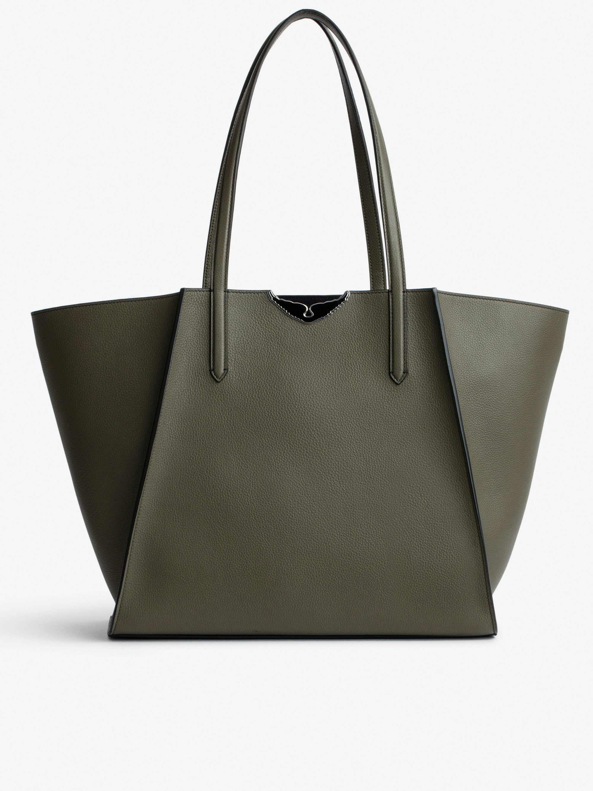 Le Borderline Bag - Women's reversible tote bag in khaki grained leather and navy-blue suede with black lacquered wings.