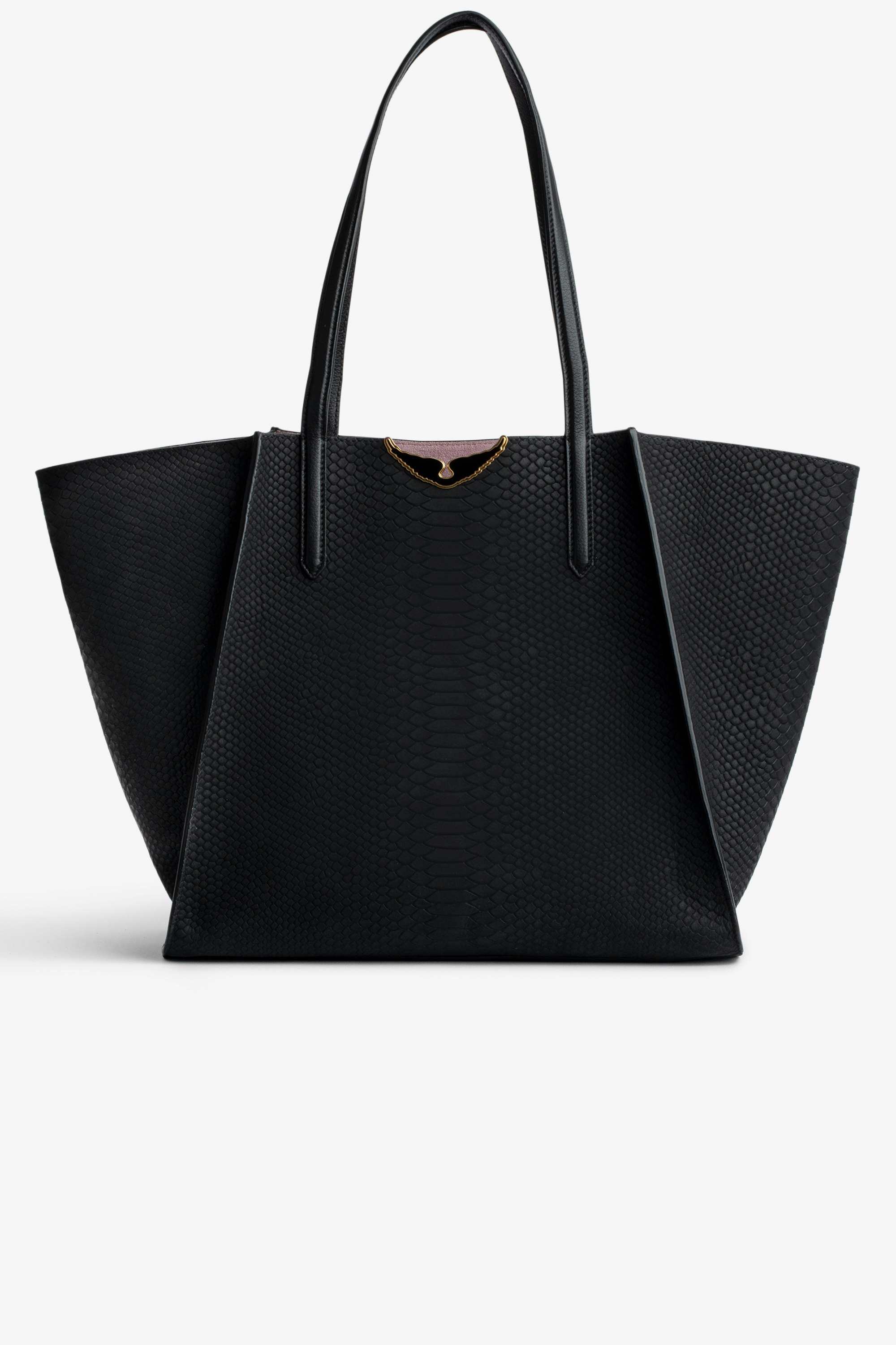 Tasche Le Borderline Soft Savage  Damen-Shopper zum Wenden aus schwarzem Leder in Python-Optik und rosafarbenem Veloursleder mit schwarz lackierten Flügeln.