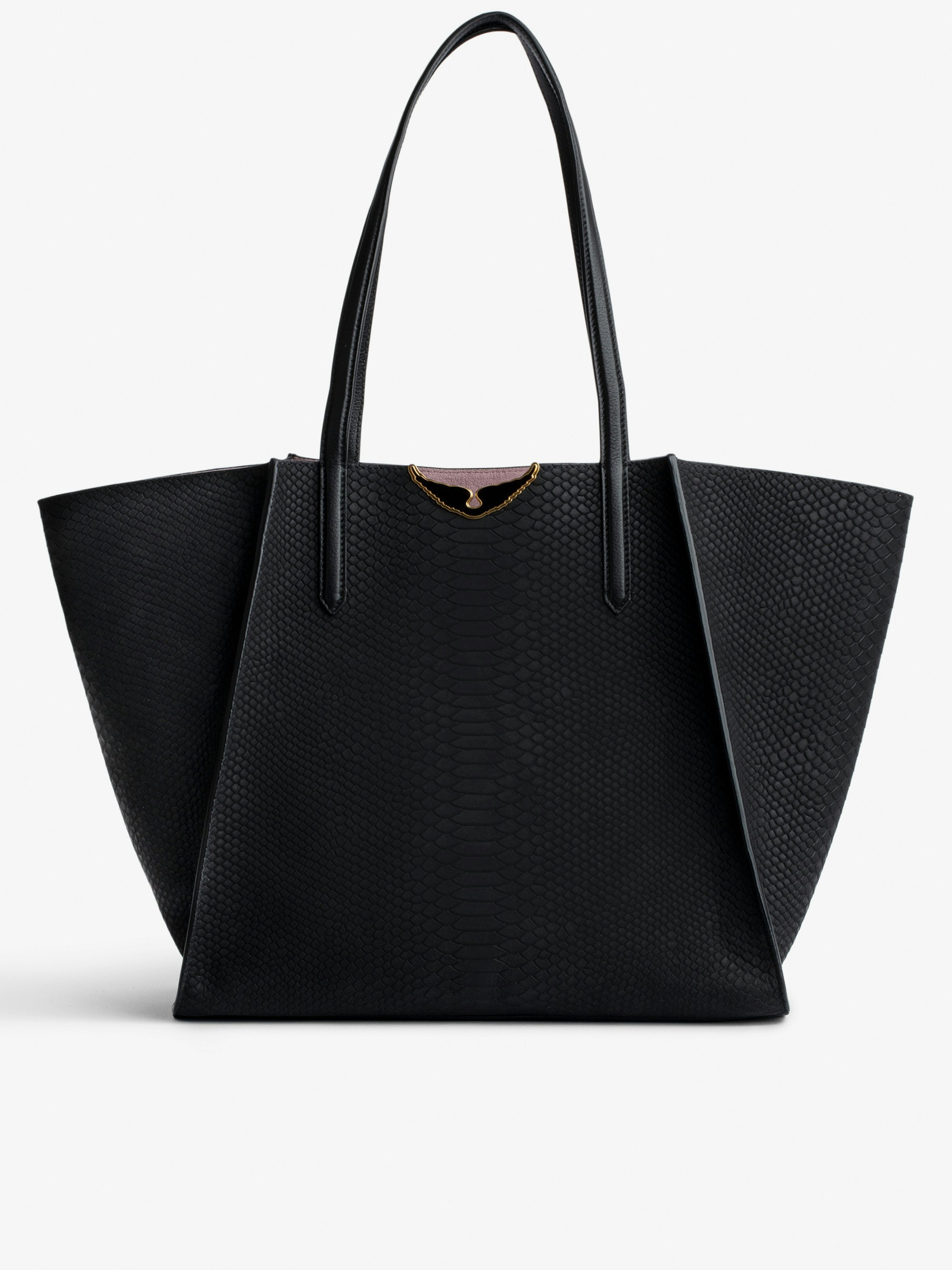 Le Borderline Soft Savage Bag - Women's reversible tote bag in black python-effect leather and pink suede with black lacquered wings.