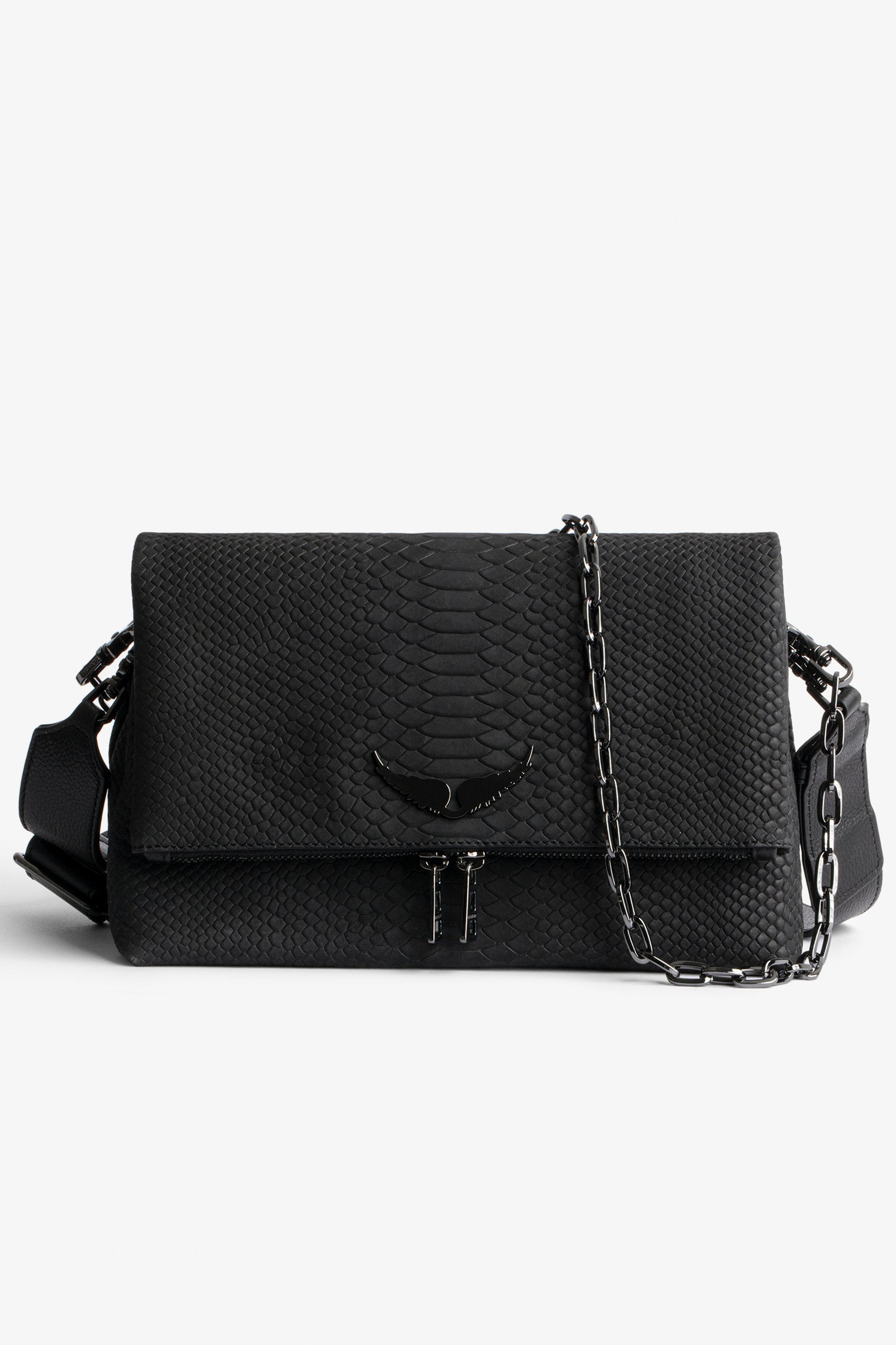 Tasche Rocky Damen-Handtasche aus schwarzem Leder in Python-Optik mit Ketten-Schulterriemen