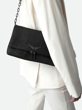 Rocky Soft Savage Bag - Women’s bag in black python-effect leather with a chain shoulder strap