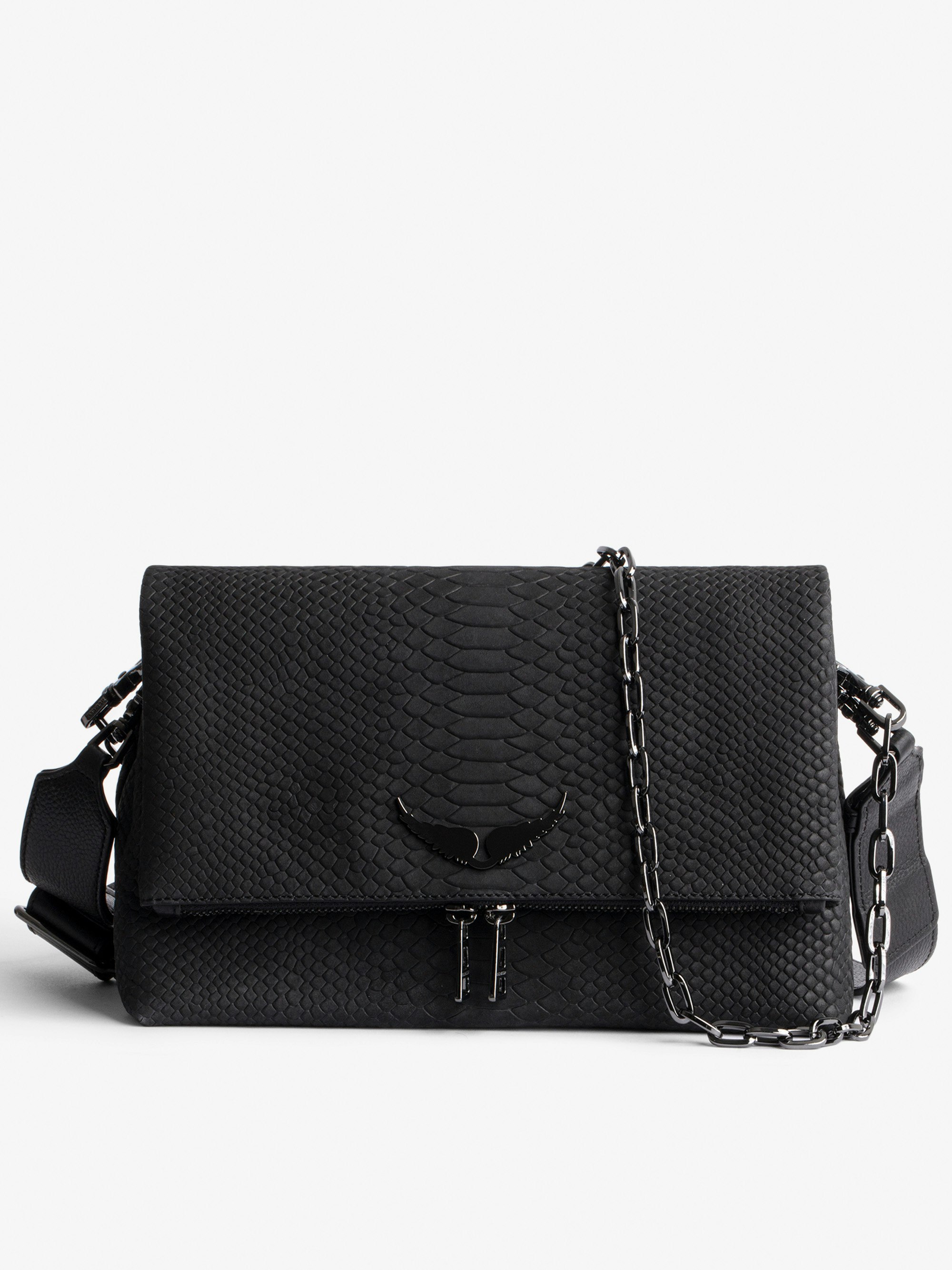 Tasche Rocky Soft Savage - Damen-Handtasche aus schwarzem Leder in Python-Optik mit Ketten-Schulterriemen