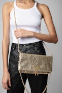 Rock Clutch - Women’s Rock clutch in metallic gold crinkled leather with leather and chain shoulder strap