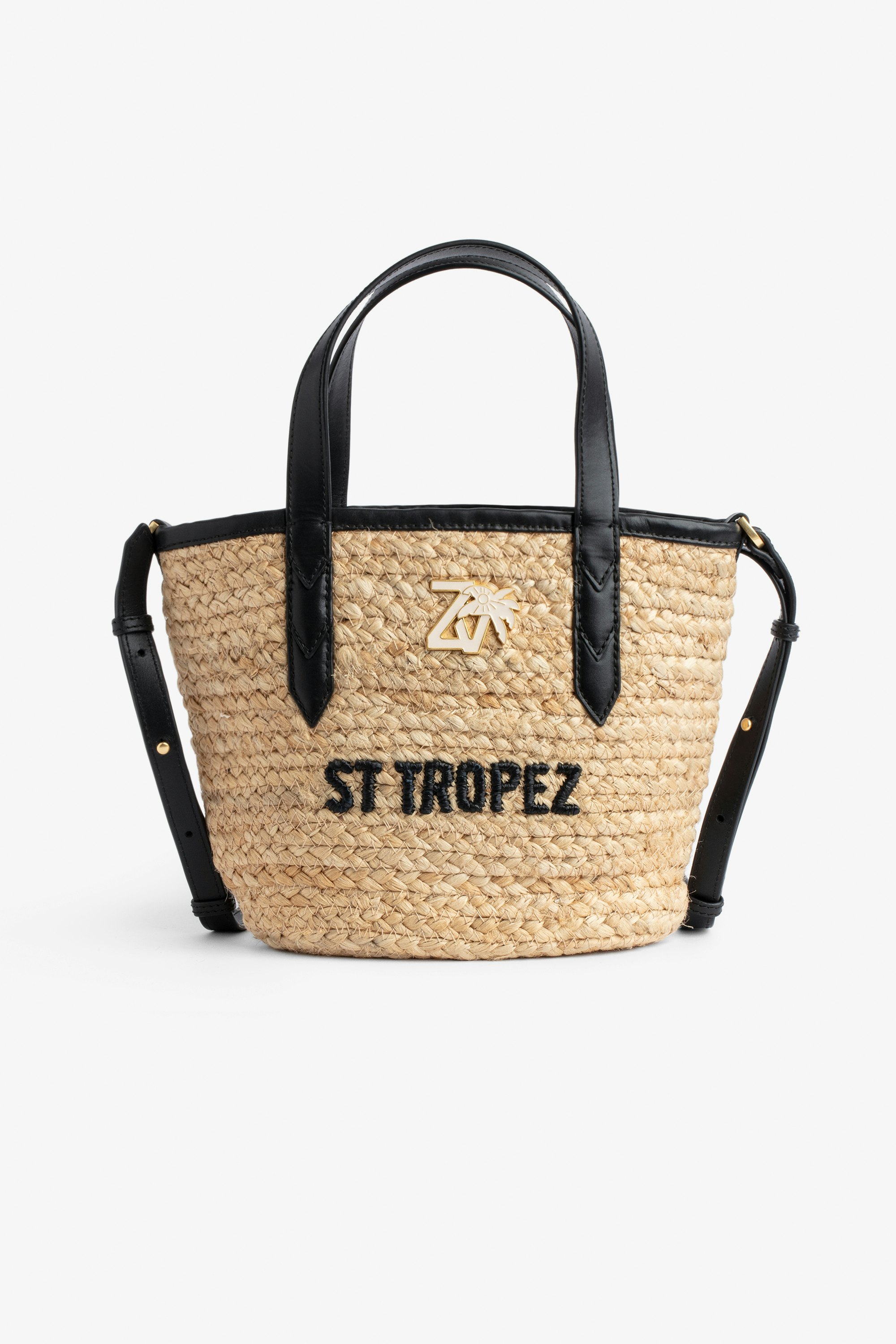 Le Baby Beach Bag Women's straw bag with black leather shoulder strap, "St Tropez" embroidery and ZV charm
