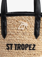 Bolso Le Baby Beach - Bolso de paja con correa de hombro de cuero, bordado con "St Tropez" y adornado con un charm ZV.