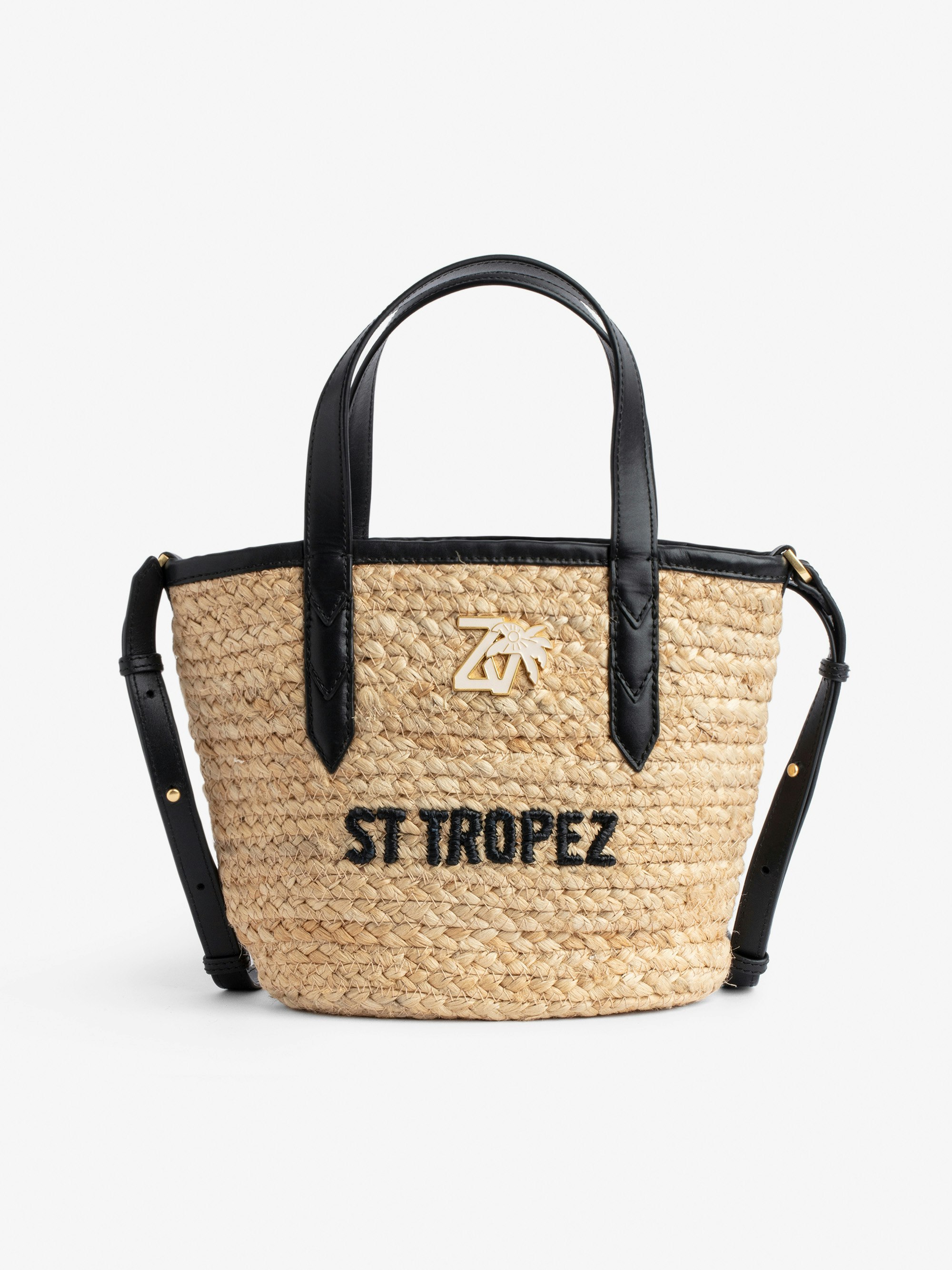 Tasche Le Baby Beach - Damen-Strohtasche mit Schulterriemen aus schwarzem Leder, „St Tropez“-Stickerei und ZV-Charm
