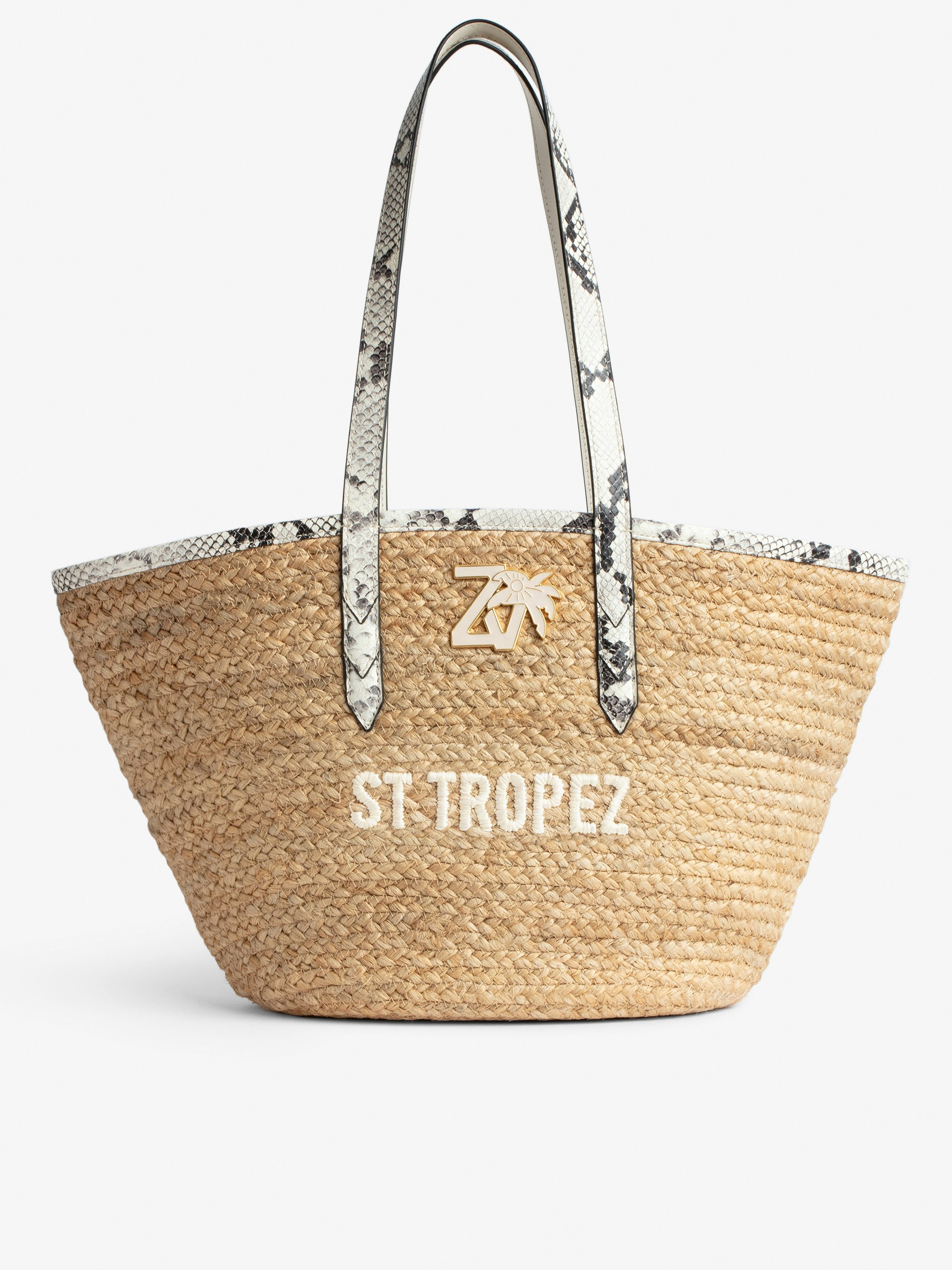 Tasche Le Beach Bag - Damen-Strohtasche mit Henkeln aus ecrufarbenem Leder in Python-Optik, „St Tropez“-Stickerei und ZV-Charm