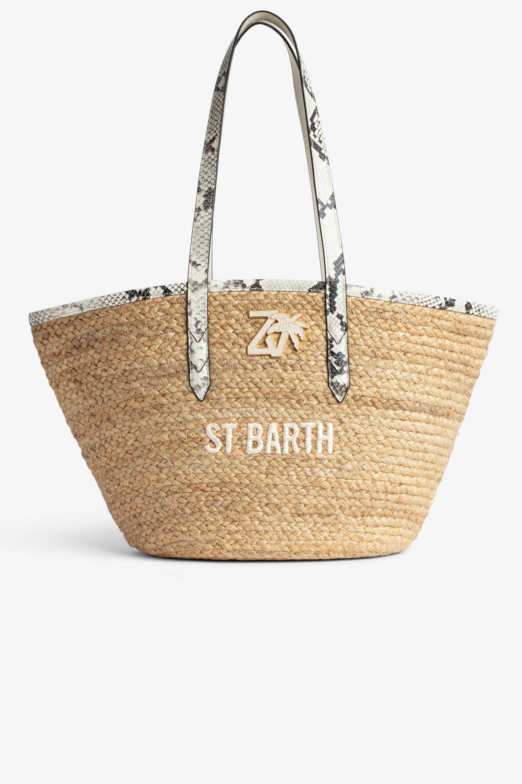 Sac Le Beach Bag - Sac en paille à anses en cuir écru effet python, brodé "St Barth" et orné d'un charm ZV.