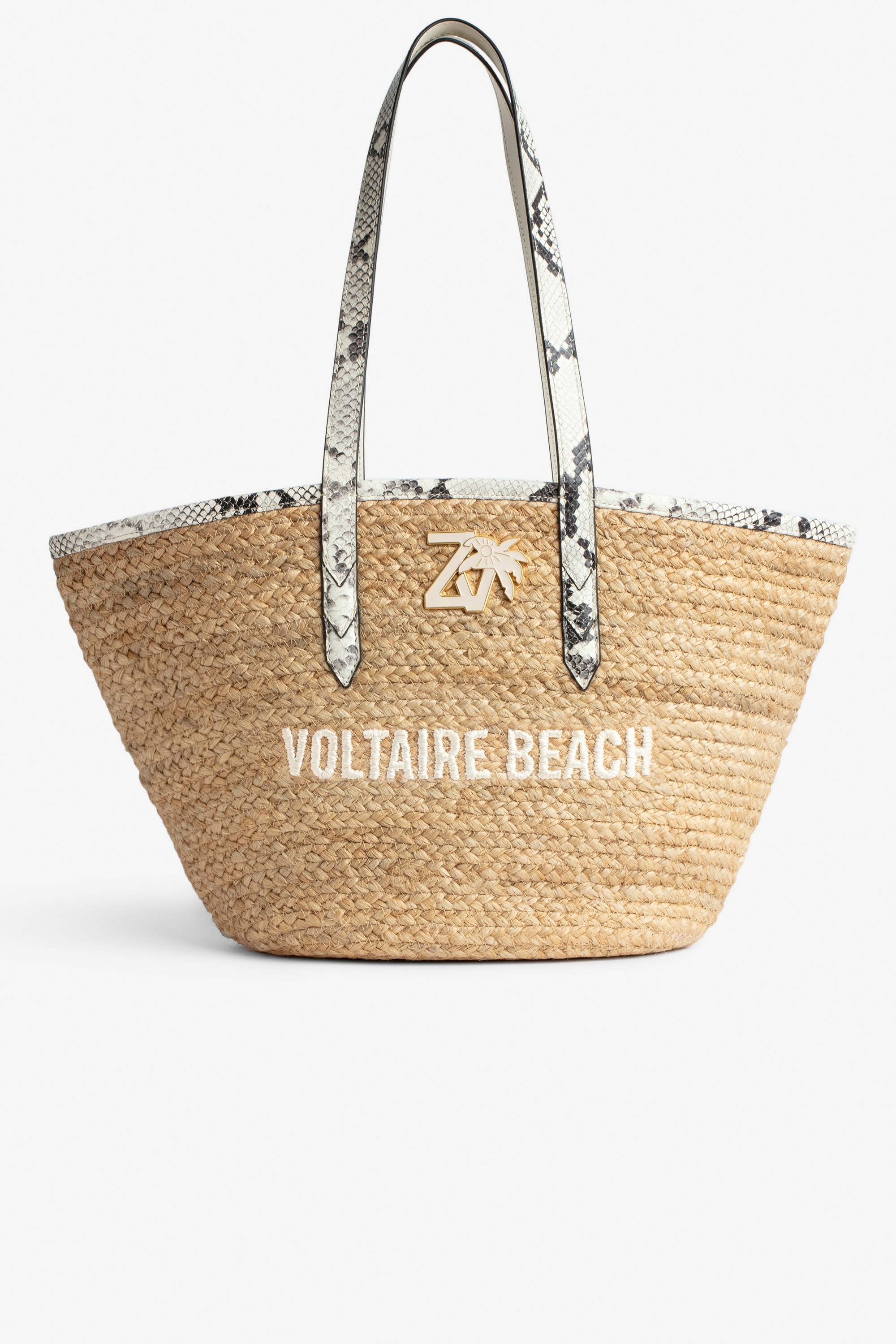 Le Beach Bag Women's straw bag with off-white snakeskin-effect leather handles, "Voltaire Beach" embroidery and ZV charm