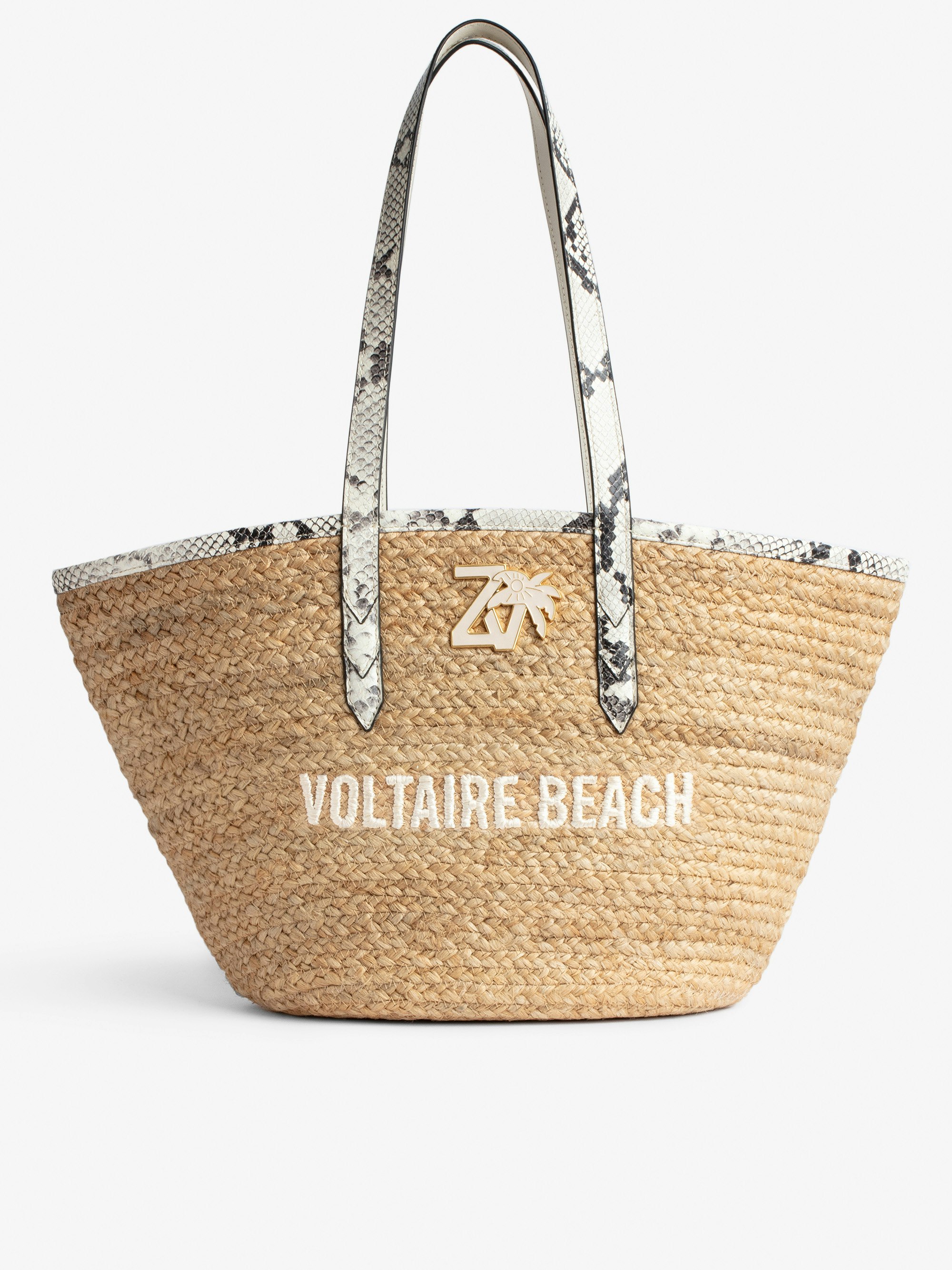 Tasche Le Beach Bag - Damen-Strohtasche mit Henkeln aus ecrufarbenem Leder in Python-Optik, „Voltaire Beach“-Stickerei und ZV-Charm