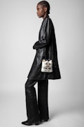 Rock To Go Bag - Women’s small bucket bag in black leather embroidered with ecru beads