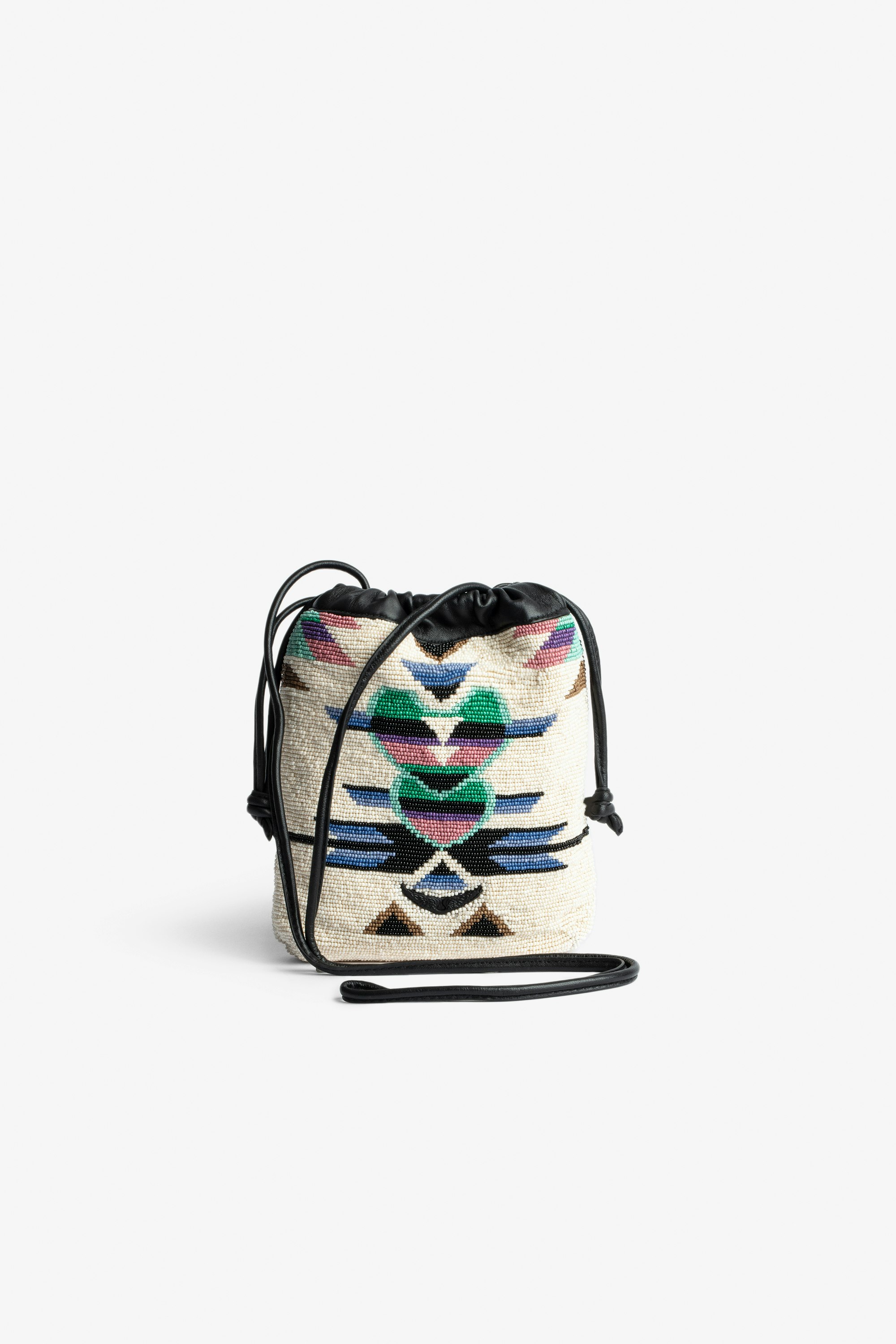 Rock To Go Bag Women's small bucket bag in black leather with multicolour beads and arrows and hearts motifs