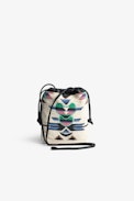 Rock To Go Bag - Women's small bucket bag in black leather with multicolour beads and arrows and hearts motifs