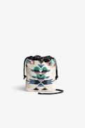 Rock To Go Bag - Women's small bucket bag in black leather with multicolour beads and arrows and hearts motifs