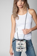 Rock To Go Bag - Women's small bucket bag in black leather with multicolour beads and arrows and hearts motifs