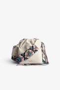 Rock To Go Bag - Women’s bucket bag in ecru leather with detachable macramé shoulder strap with multicolour fringes