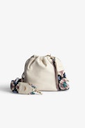 Rock To Go Bag - Women’s bucket bag in ecru leather with detachable macramé shoulder strap with multicolour fringes