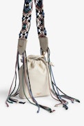 Rock To Go Bag - Women’s bucket bag in ecru leather with detachable macramé shoulder strap with multicolour fringes