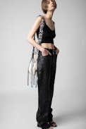 Rock To Go Bag - Women’s bucket bag in ecru leather with detachable macramé shoulder strap with multicolour fringes