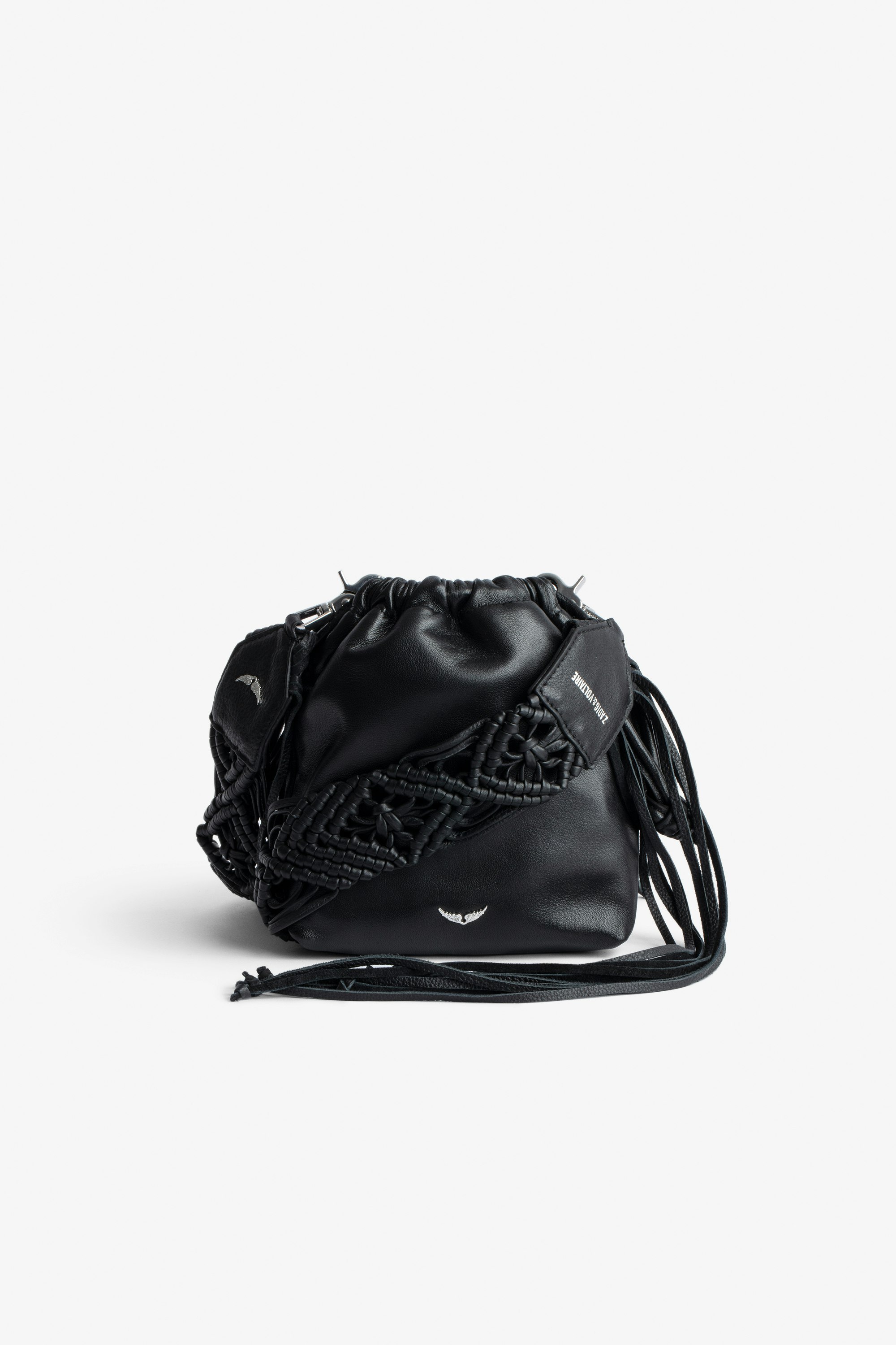 Rock To Go Bag Women’s bucket bag in black leather with detachable macramé shoulder strap with fringing