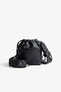Rock To Go Bag - Women’s bucket bag in black leather with detachable macramé shoulder strap with fringing