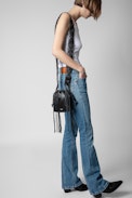 Rock To Go Bag - Women’s bucket bag in black leather with detachable macramé shoulder strap with fringing