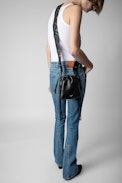 Rock To Go Bag - Women’s bucket bag in black leather with detachable macramé shoulder strap with fringing