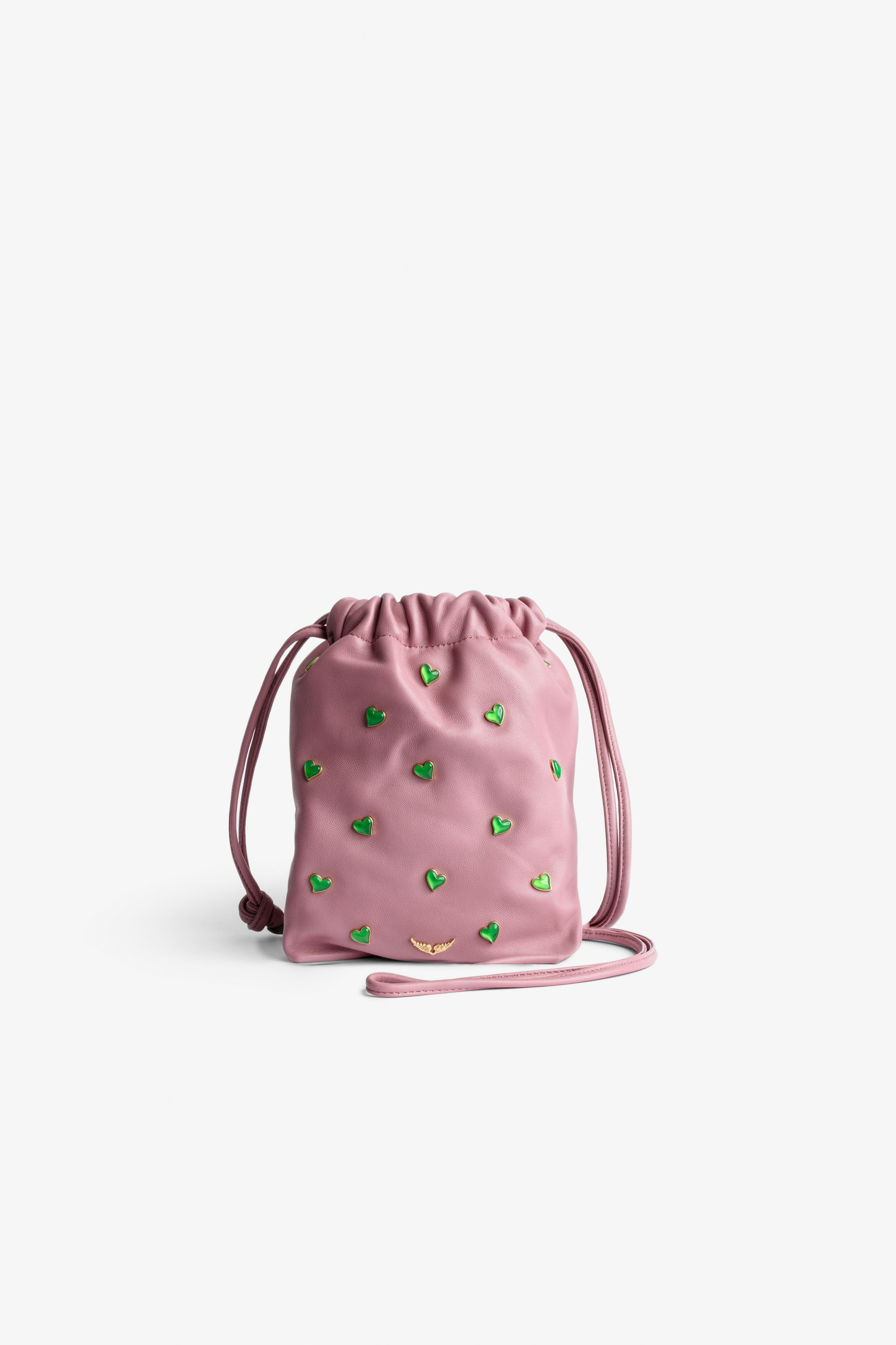 Rock To Go Bag Women’s bucket bag in pink leather studded with green crystal hearts