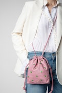 Rock To Go Bag - Women’s bucket bag in pink leather studded with green crystal hearts