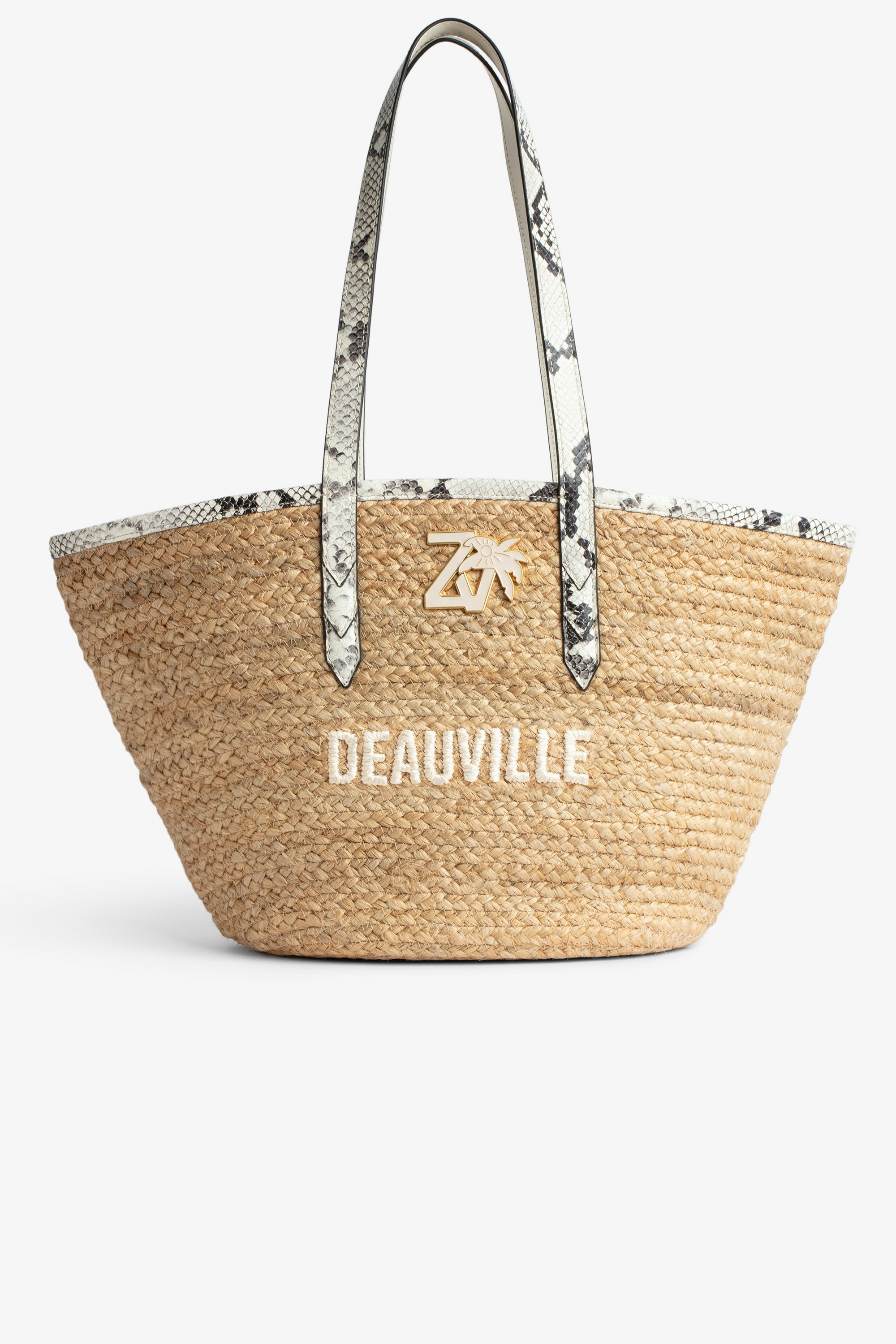 Le Beach Bag パイソンエフェクト エクリュレザーハンドル付きストローバッグ、「Deauville」刺繍入り ZVチャーム レディース