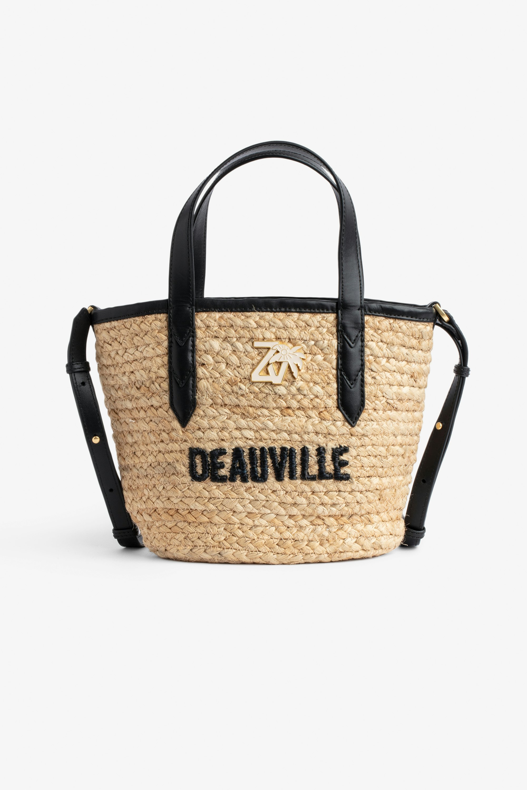 Le Baby Beach Bag - Women's straw bag with black leather shoulder strap, "Deauville" embroidery and ZV charm