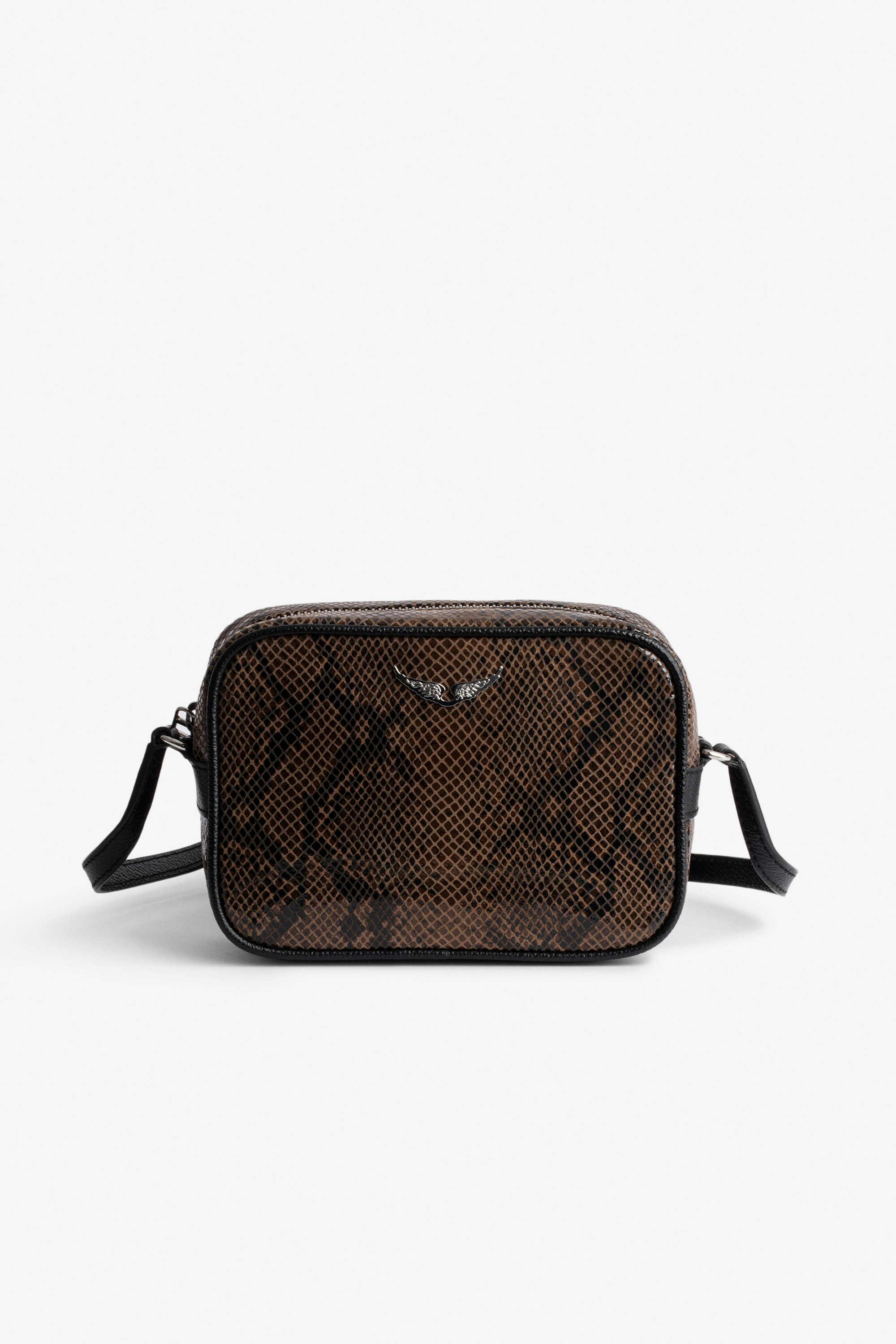 Boxy XS Wild Bag - Brown snakeskin-effect leather bag with silver wings on front.