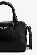 XS Sunny Bag - Black leather handbag with top handle and detachable strap.