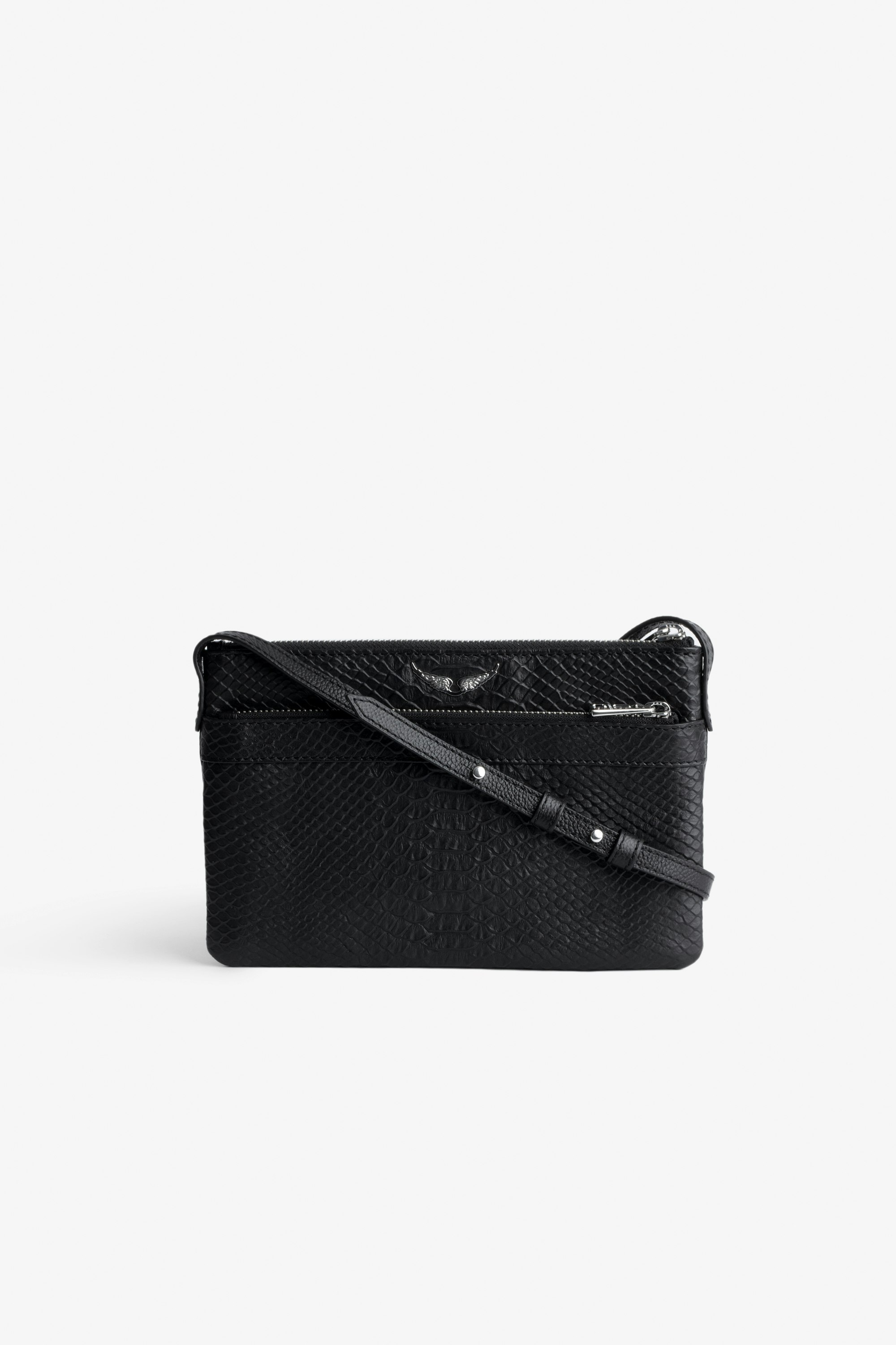 Stella Soft Savage Bag - Black multi-pocket bag with long strap and wings on front.