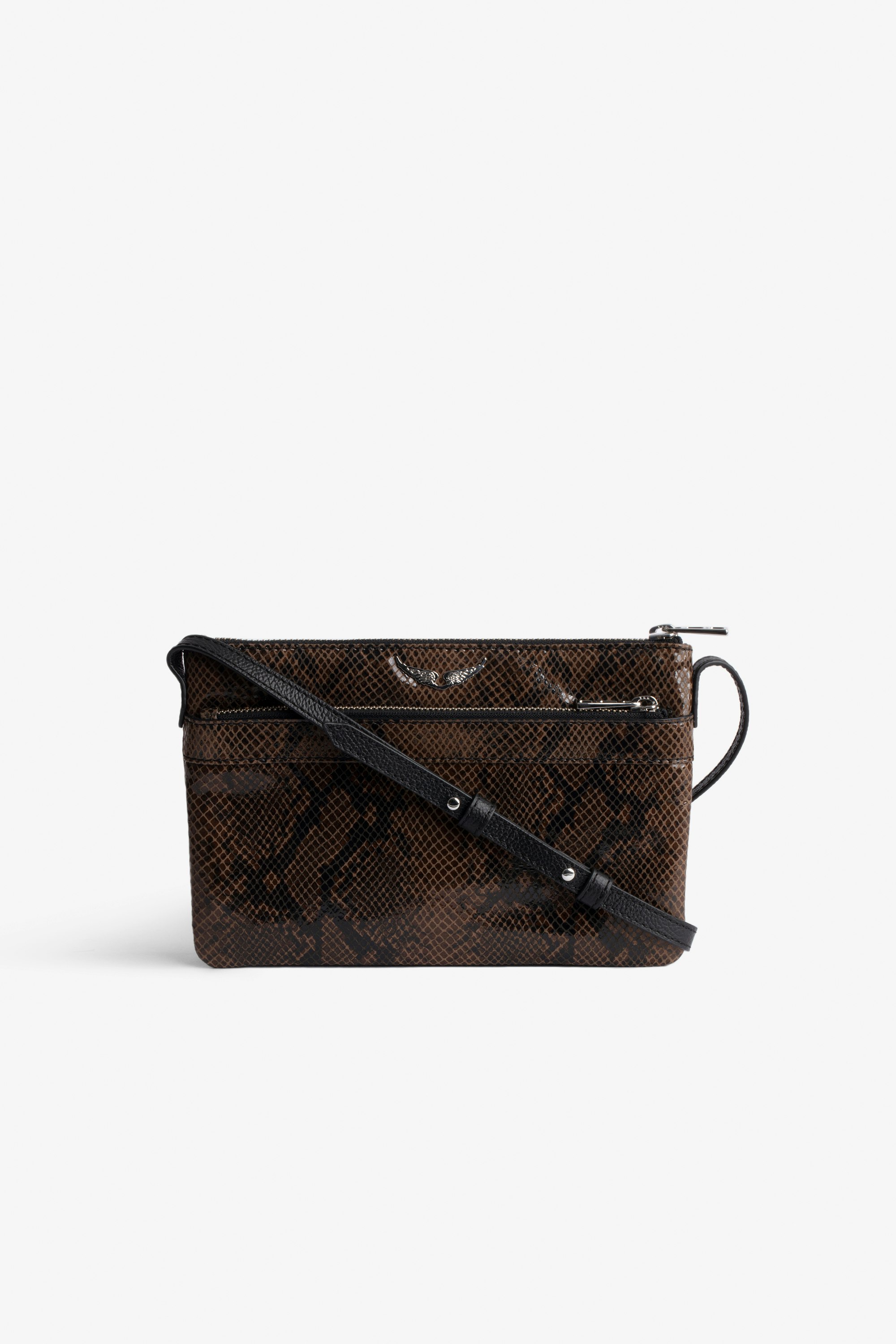 Stella Wild Bag - Brown snakeskin-effect multi-pocket bag with long strap and wings on front.