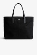 Mick Canvas Bag - Black canvas tote bag with silver wings charm on front.