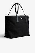 Mick Canvas Bag - Black canvas tote bag with silver wings charm on front.
