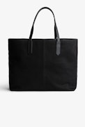 Mick Canvas Bag - Black canvas tote bag with silver wings charm on front.