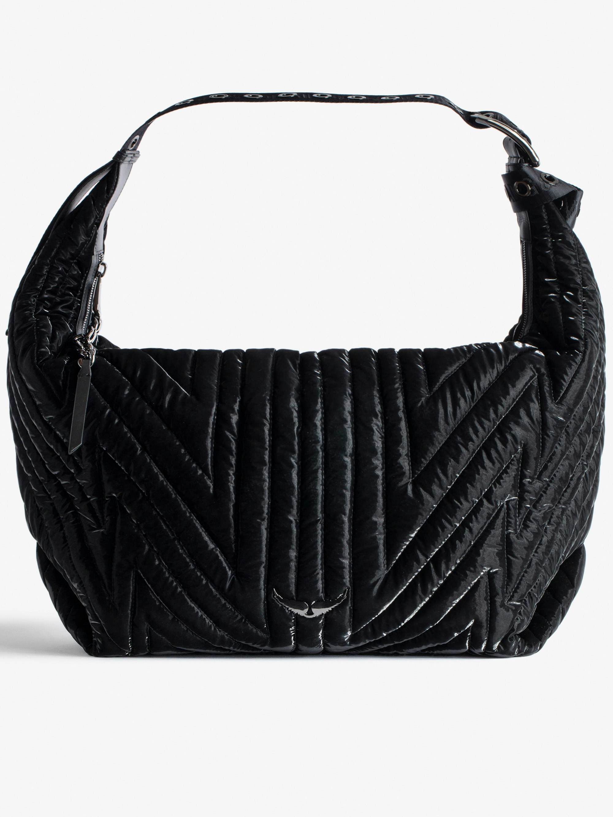 Tasche Le Cecilia XL Galactic Gesteppt - Glänzende, gesteppte Oversize-Tasche aus schwarzem Satin-Canvas mit Schulterriemen und Metallschnalle C für Damen.