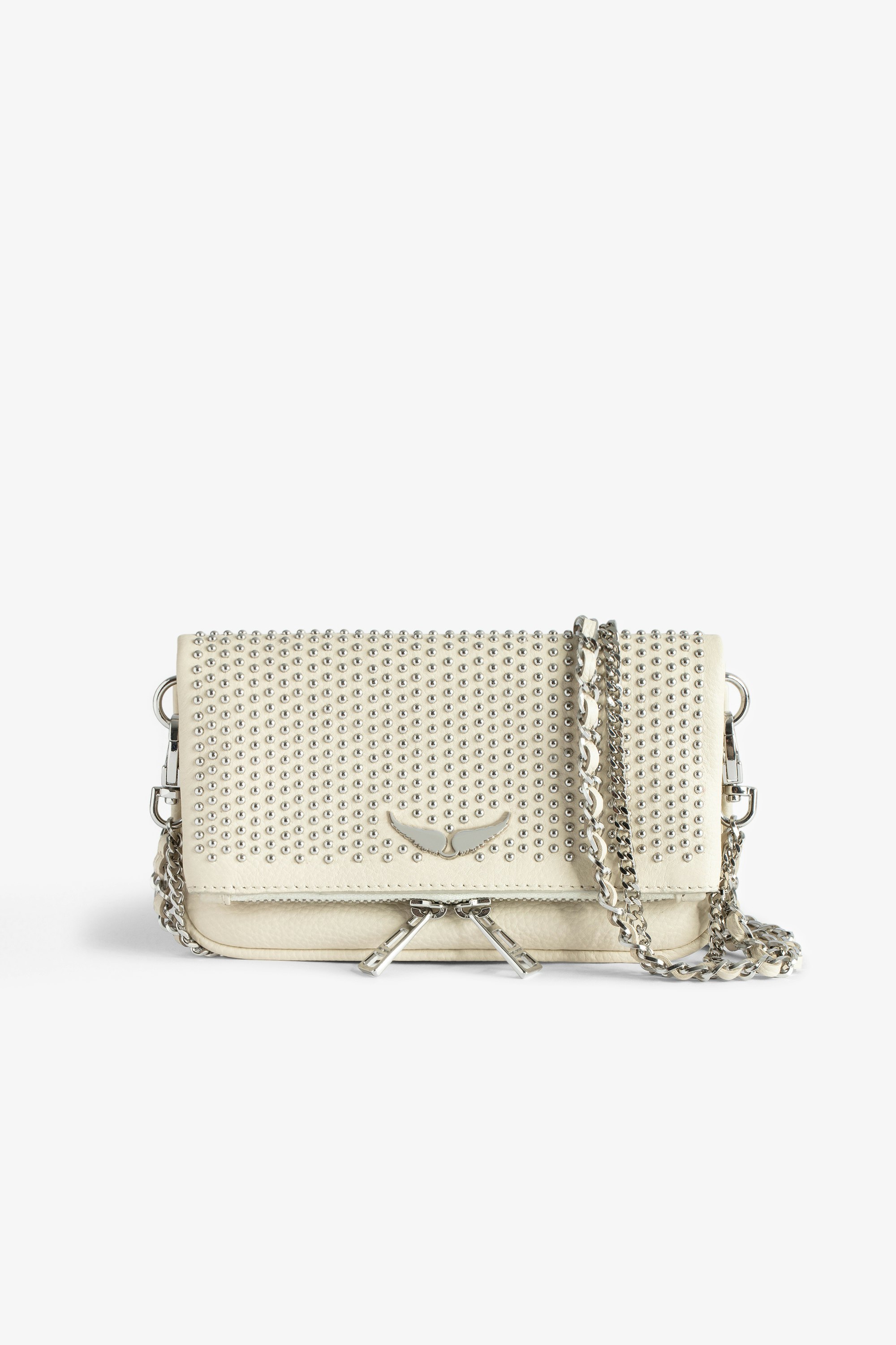 Rock Nano Dotted Swiss Clutch - Women's small white grained leather clutch with dotted Swiss studs, chains and wings.