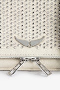 Rock Nano Dotted Swiss Clutch - Women's small white grained leather clutch with dotted Swiss studs, chains and wings.