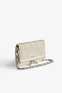 Rock Nano Dotted Swiss Clutch - Women's small white grained leather clutch with dotted Swiss studs, chains and wings.