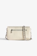 Rock Nano Dotted Swiss Clutch - Women's small white grained leather clutch with dotted Swiss studs, chains and wings.