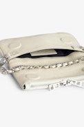 Rock Nano Dotted Swiss Clutch - Women's small white grained leather clutch with dotted Swiss studs, chains and wings.