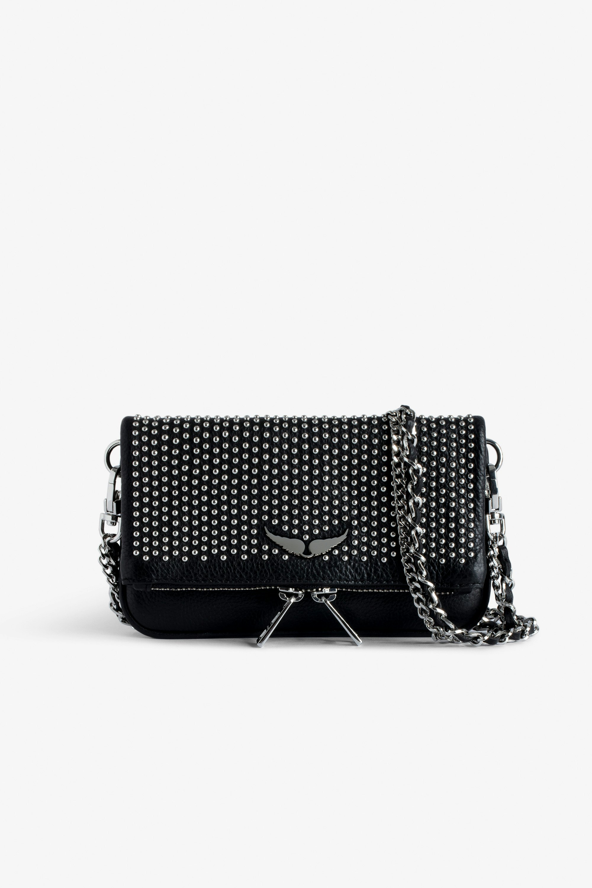 Rock Nano Dotted Swiss Clutch Women’s small black grained leather clutch with dotted Swiss studs, chains and wings.
