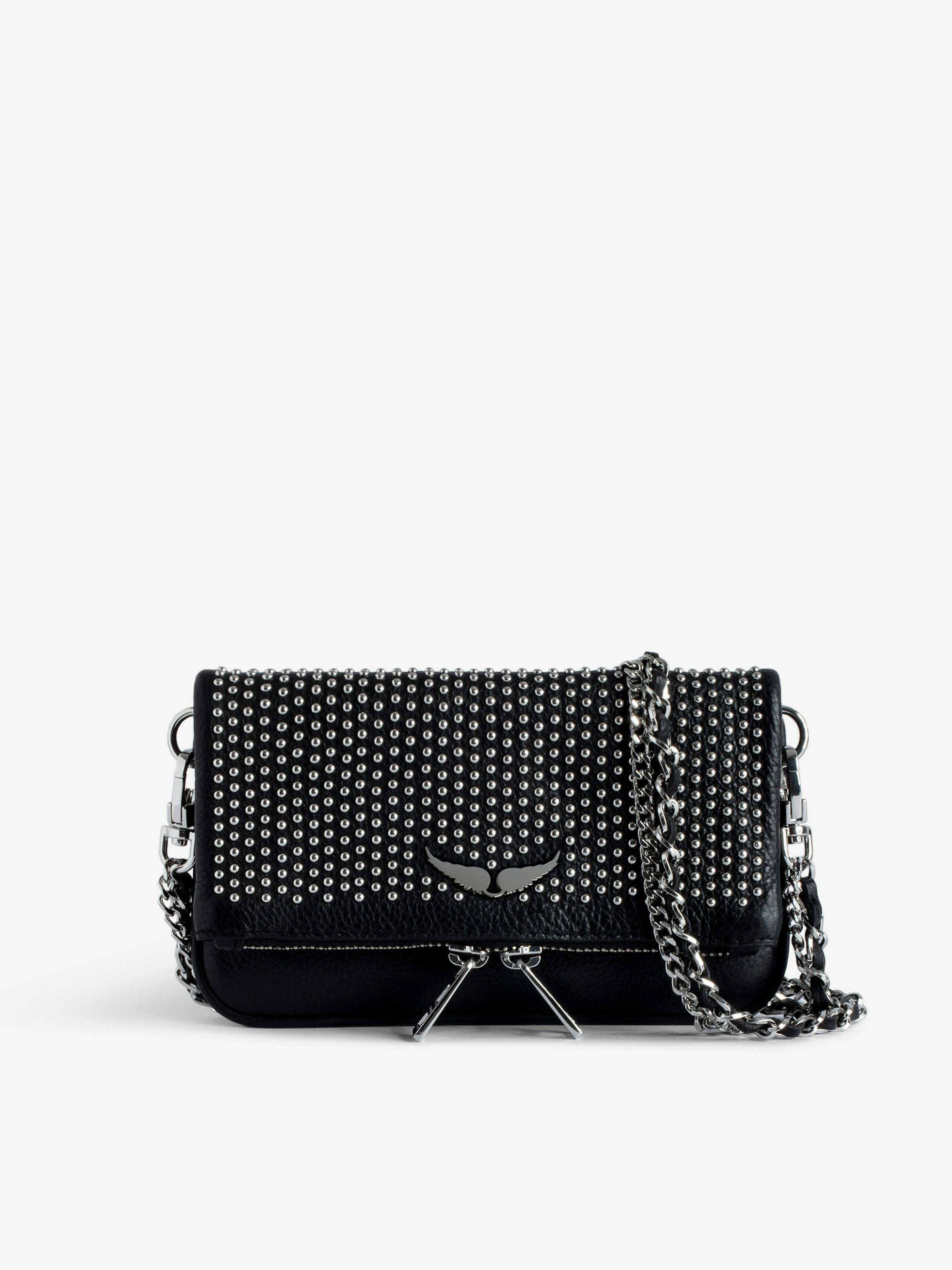 Rock Nano Dotted Swiss Clutch - Women’s small black grained leather clutch with dotted Swiss studs, chains and wings.