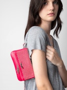 Rock Nano Dotted Swiss Clutch - Small pink grained leather clutch with dotted Swiss studs, chains and wings.